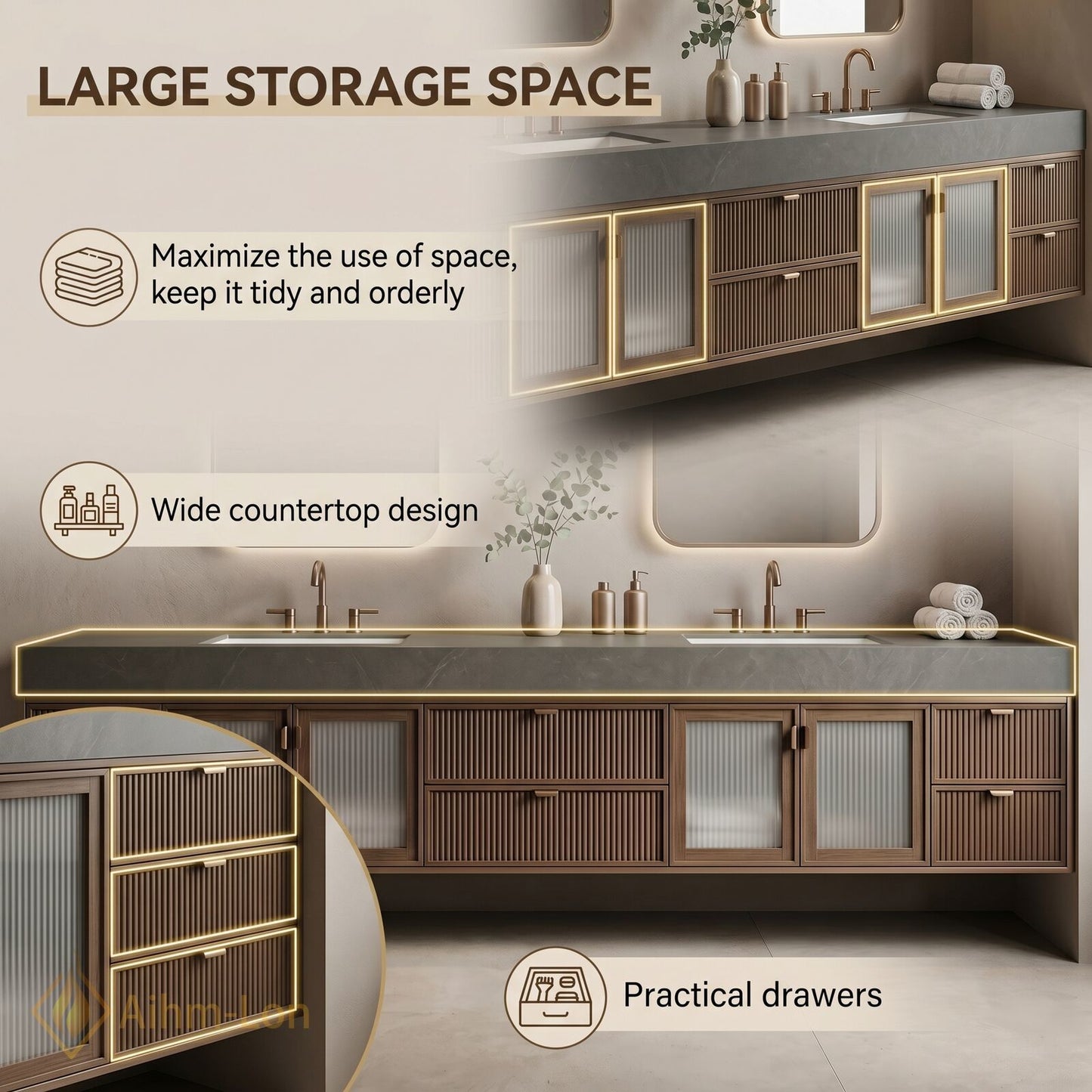 70''-96'' Double Bathroom Vanity with Sink Modern Solid-Wood Fluted Drawer Fronts Frame