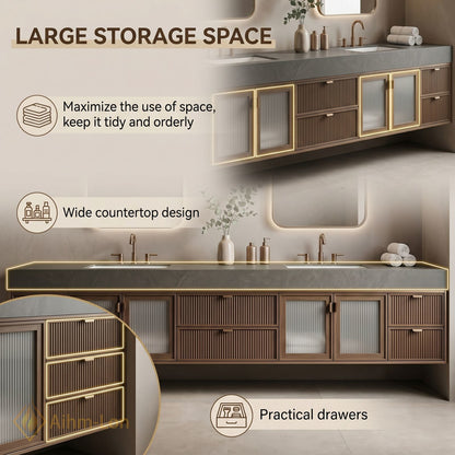 70''-96'' Double Bathroom Vanity with Sink Modern Solid-Wood Fluted Drawer Fronts Frame