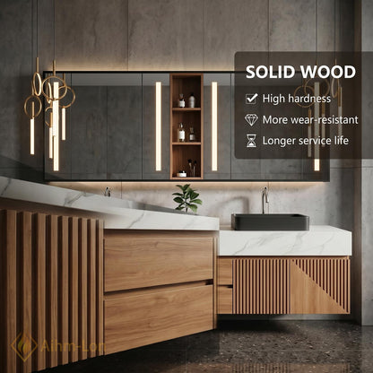 60''-96'' Double Bathroom Vanity with Sink Floating Double White Marble Slatted Wood
