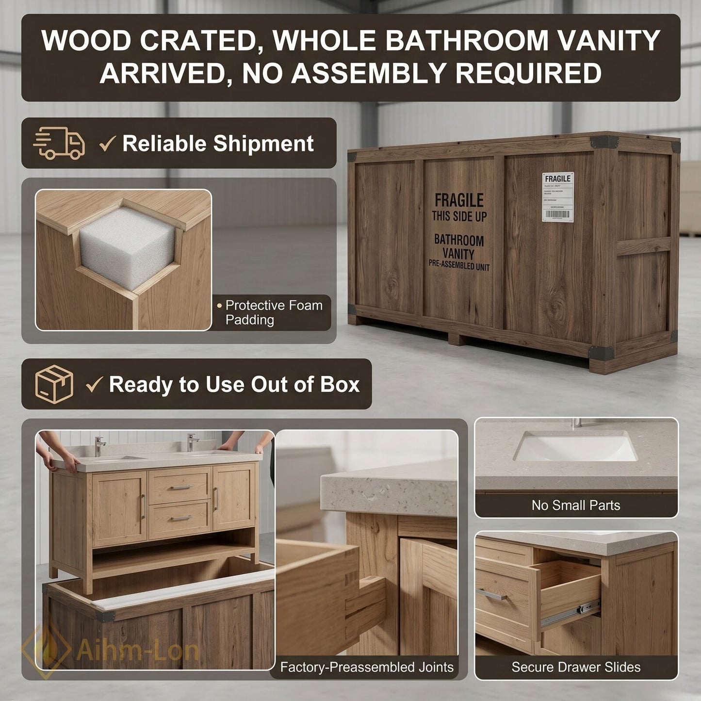60''-96'' Modern Bathroom Vanity with Sink Farmhouse Wood Grain Wide Baskets