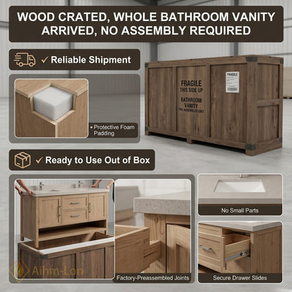 60''-96'' Modern Bathroom Vanity with Sink Farmhouse Wood Grain Wide Baskets