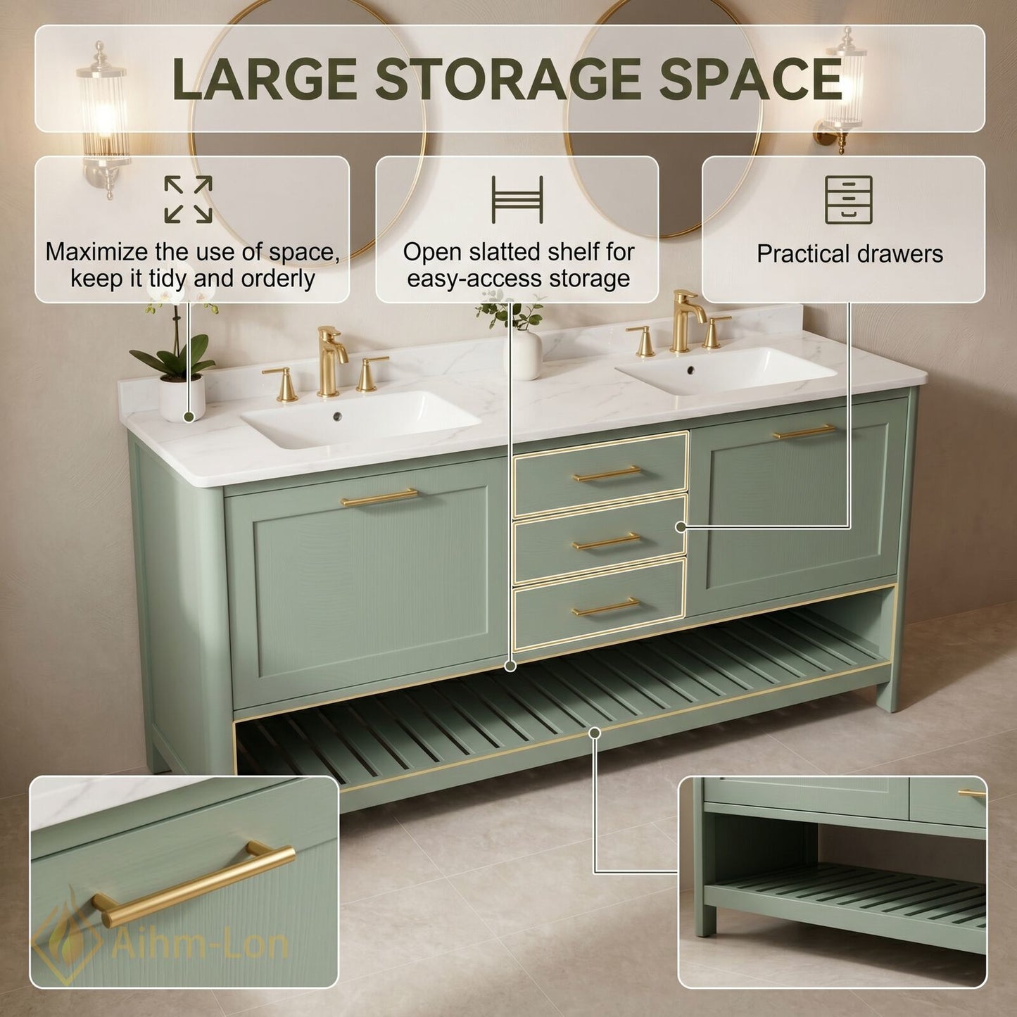 60''-96'' Modern Bathroom Vanity with Sink Floating Sage Green Shaker Triple Drawers