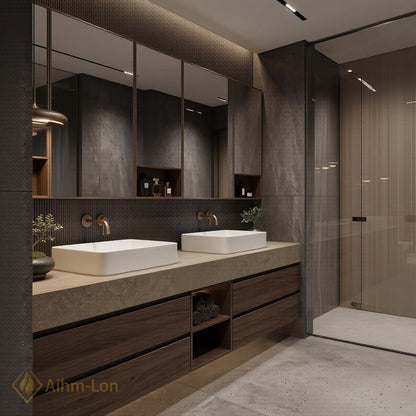 60''-96'' Double Bathroom Vanity with Sink Modern Floating Stone Top Dark Walnut