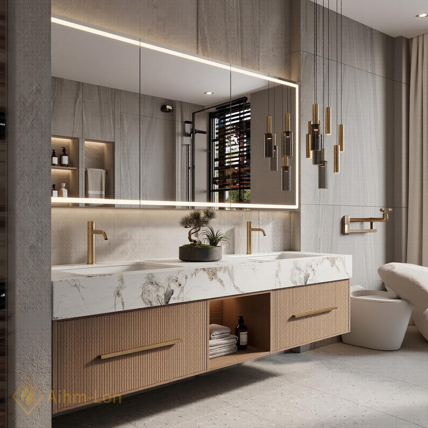 60''-96'' Double Bathroom Vanity with Sink Wood Modern Floating Open Panel Shelving