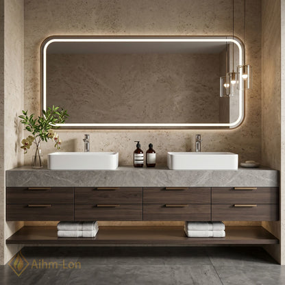 70''-96'' Double Bathroom Vanity with Sink Modern Stone Textured Top Dark Wood