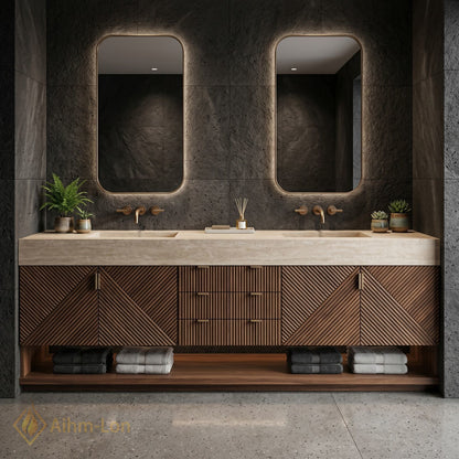 72''-96'' Double Bathroom Vanity with Sink Geometric Wood Doors Stone-Effect Countertop Stone