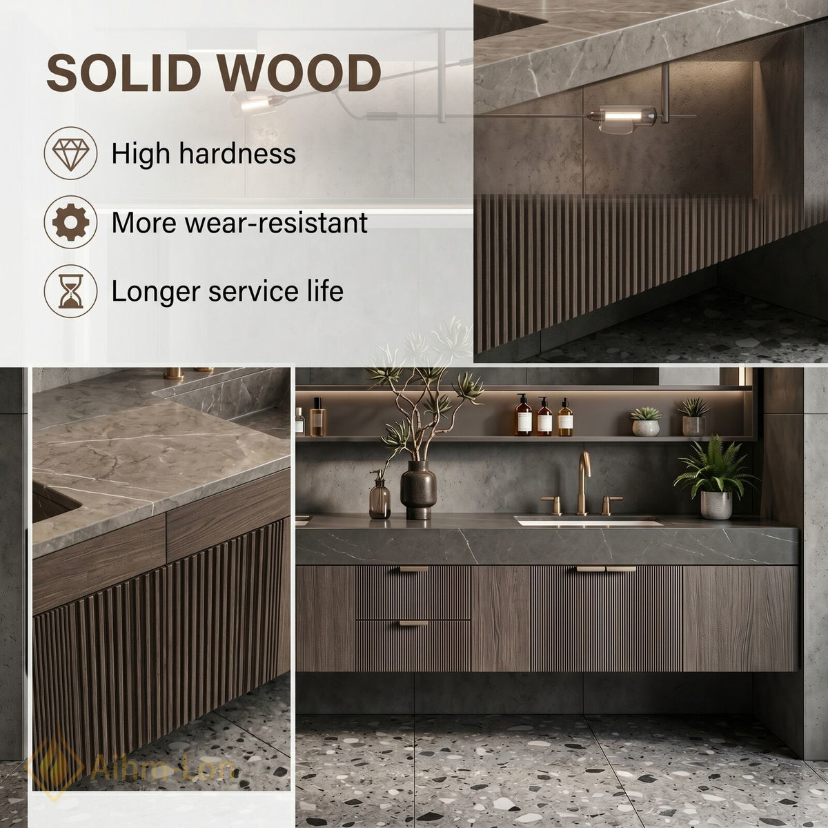 72''-96'' Bathroom Vanity with Sink Vertical Slatted Front Dark Stone Texture Top