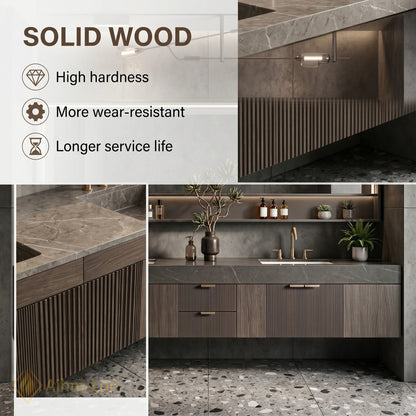 72''-96'' Bathroom Vanity with Sink Vertical Slatted Front Dark Stone Texture Top