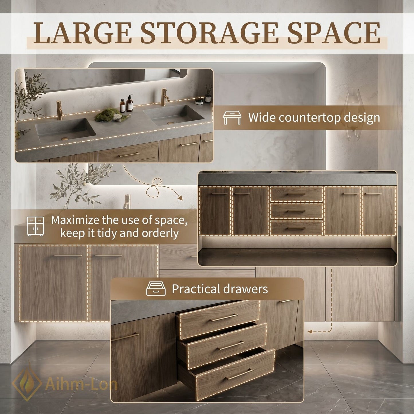 60''-96'' Double Bathroom Vanity with Sink Stone-Textured Top Wood-Grain Panels Stone Textured