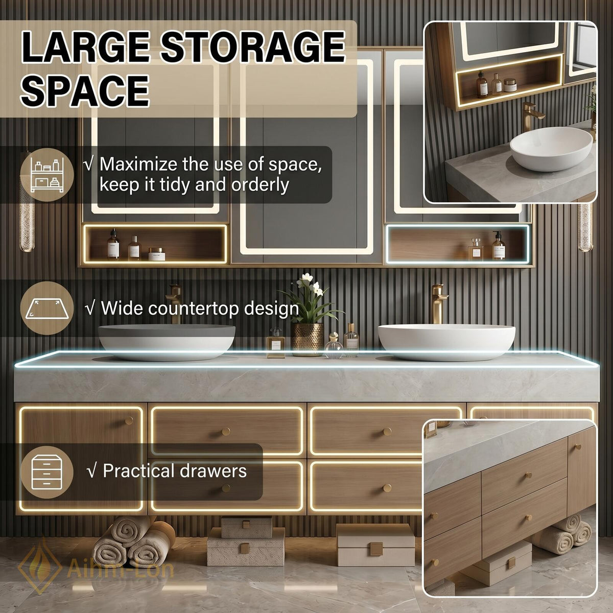 60''-96'' Double Bathroom Vanity with Sink Modern Floating Warm Wood Grain Cabinetry