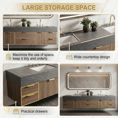 70''-96'' Double Bathroom Vanity with Sink Dark Grey Modern Floating Stone Countertop