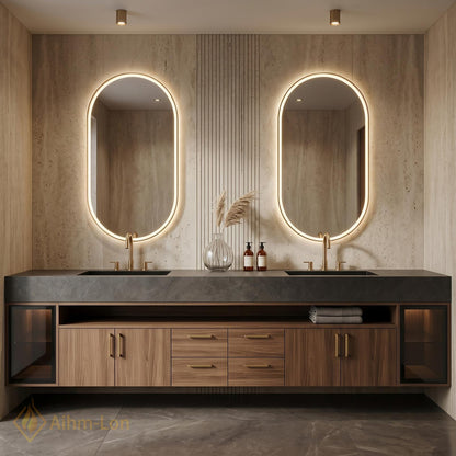 76''-96'' Double Bathroom Vanity with Sink Dark-Walnut Slatted Center Panel Open