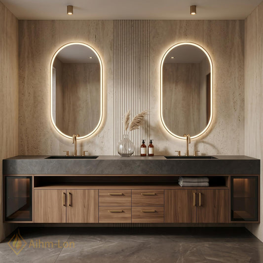 76''-96'' Double Bathroom Vanity with Sink Dark-Walnut Slatted Center Panel Open