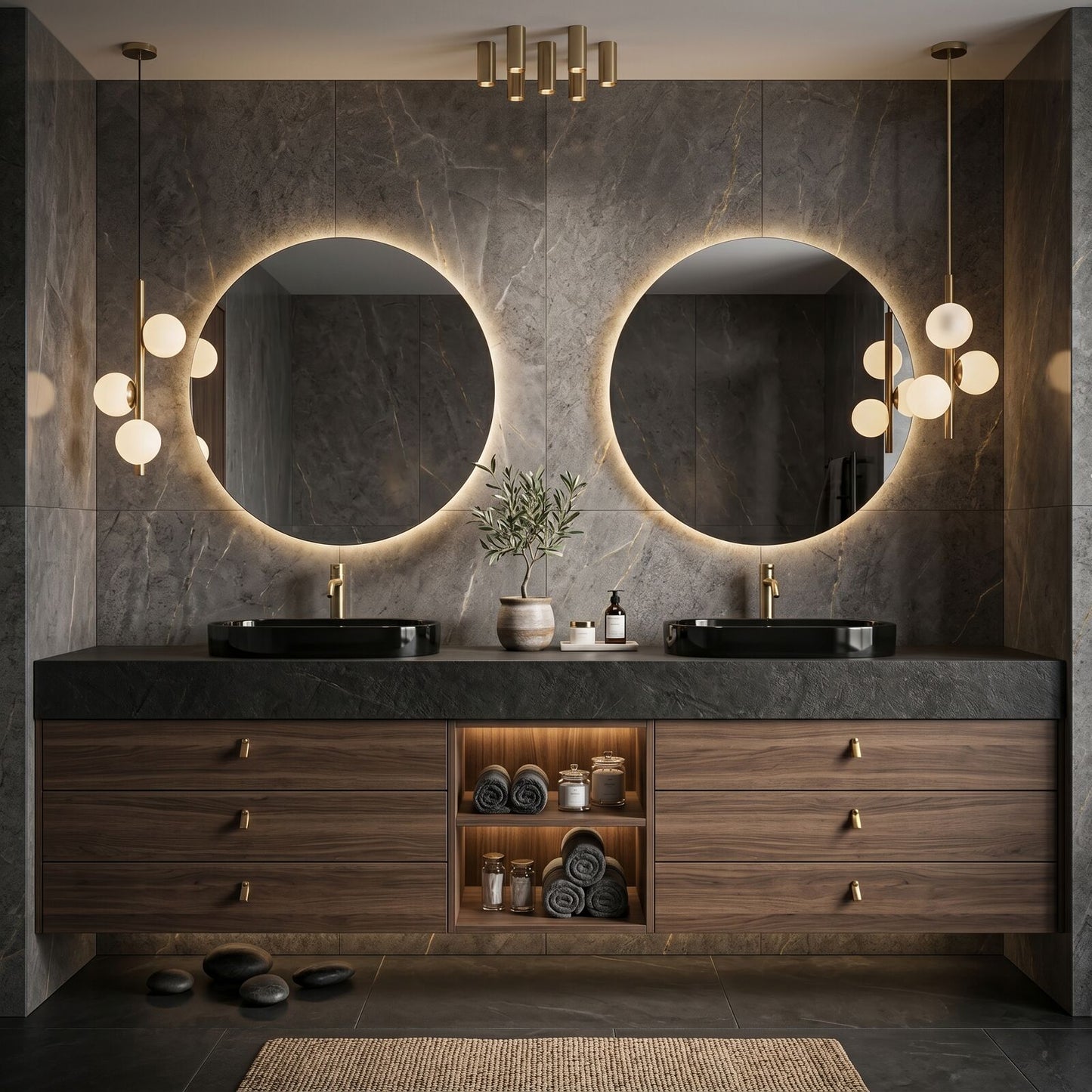 60''-96'' Modern Bathroom Vanity with Sink Double Sink Dark Wood Circular Mirror Open Shelf