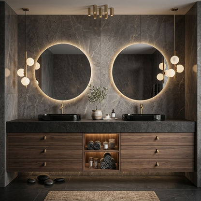 60''-96'' Modern Bathroom Vanity with Sink Double Sink Dark Wood Circular Mirror Open Shelf