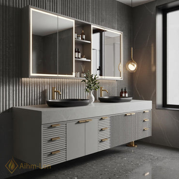 76''-96'' Bathroom Vanity with Sink Floating Double Grey Stone Top Ribbed Doors