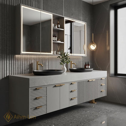76''-96'' Bathroom Vanity with Sink Floating Double Grey Stone Top Ribbed Doors