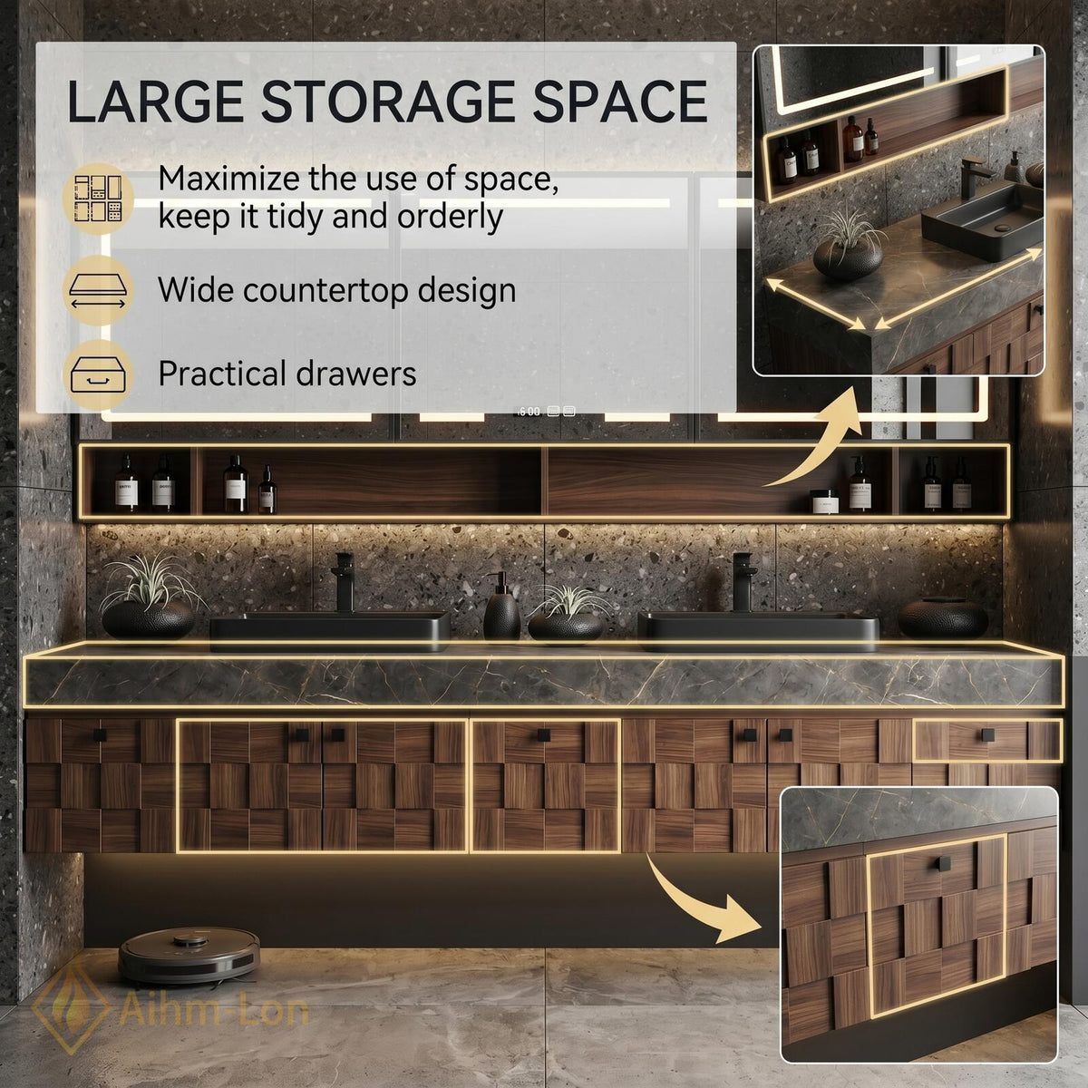 60''-96'' Double Bathroom Vanity with Sink Modern Geometric Cube Drawers Dark Walnut