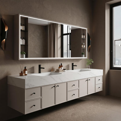 70''-96'' Modern Bathroom Vanity with Sink Double Sink Soft Grey Large Mirror Cabinet