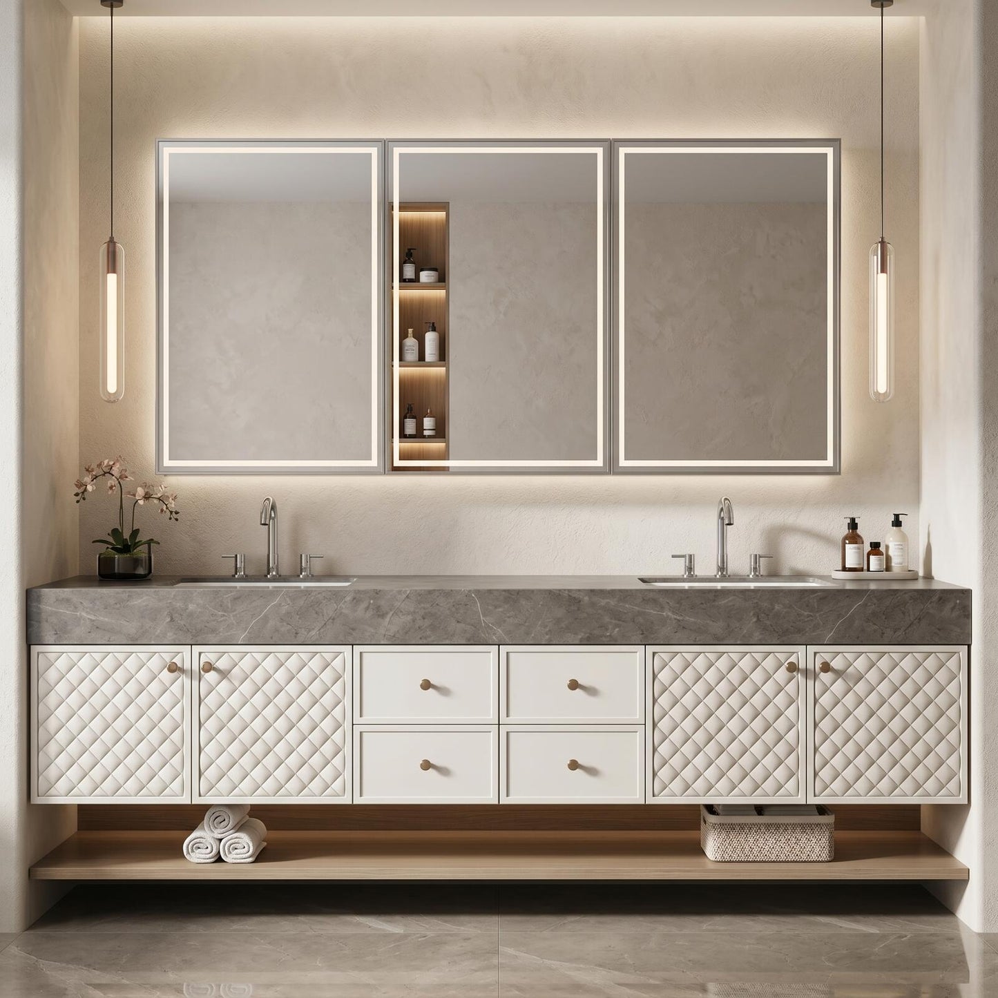 70''-96'' Modern Bathroom Vanity with Sink Double Sink Quilted Doors Quartz-Effect Storage Cabinet