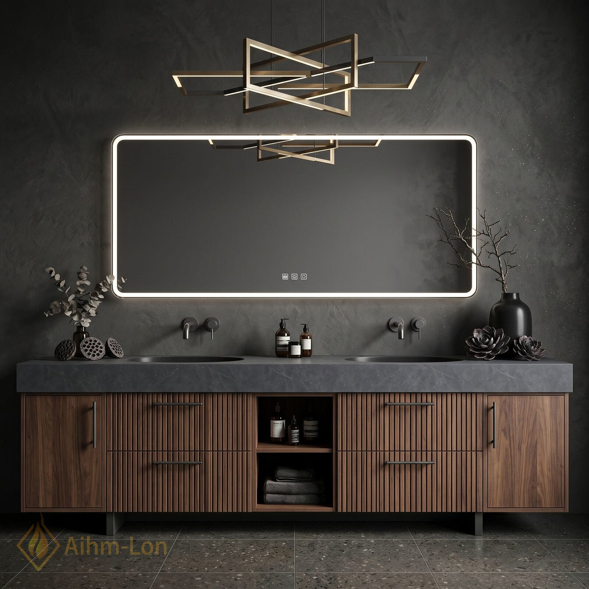 72''-96'' Double Bathroom Vanity with Sink Dark Walnut Slatted Center Open Shelving