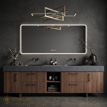 72''-96'' Double Bathroom Vanity with Sink Dark Walnut Slatted Center Open Shelving