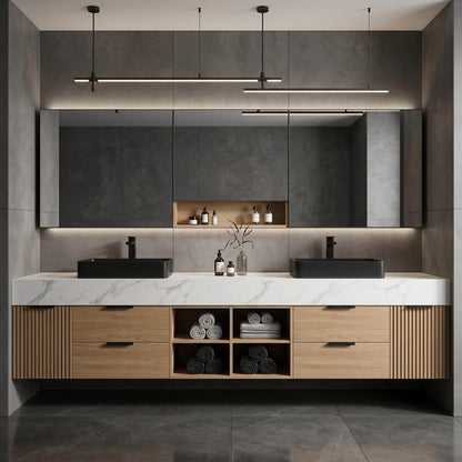 70''-96'' Floating Bathroom Vanity with Sink Double Sink White Marble Light Oak Panels Cabinet