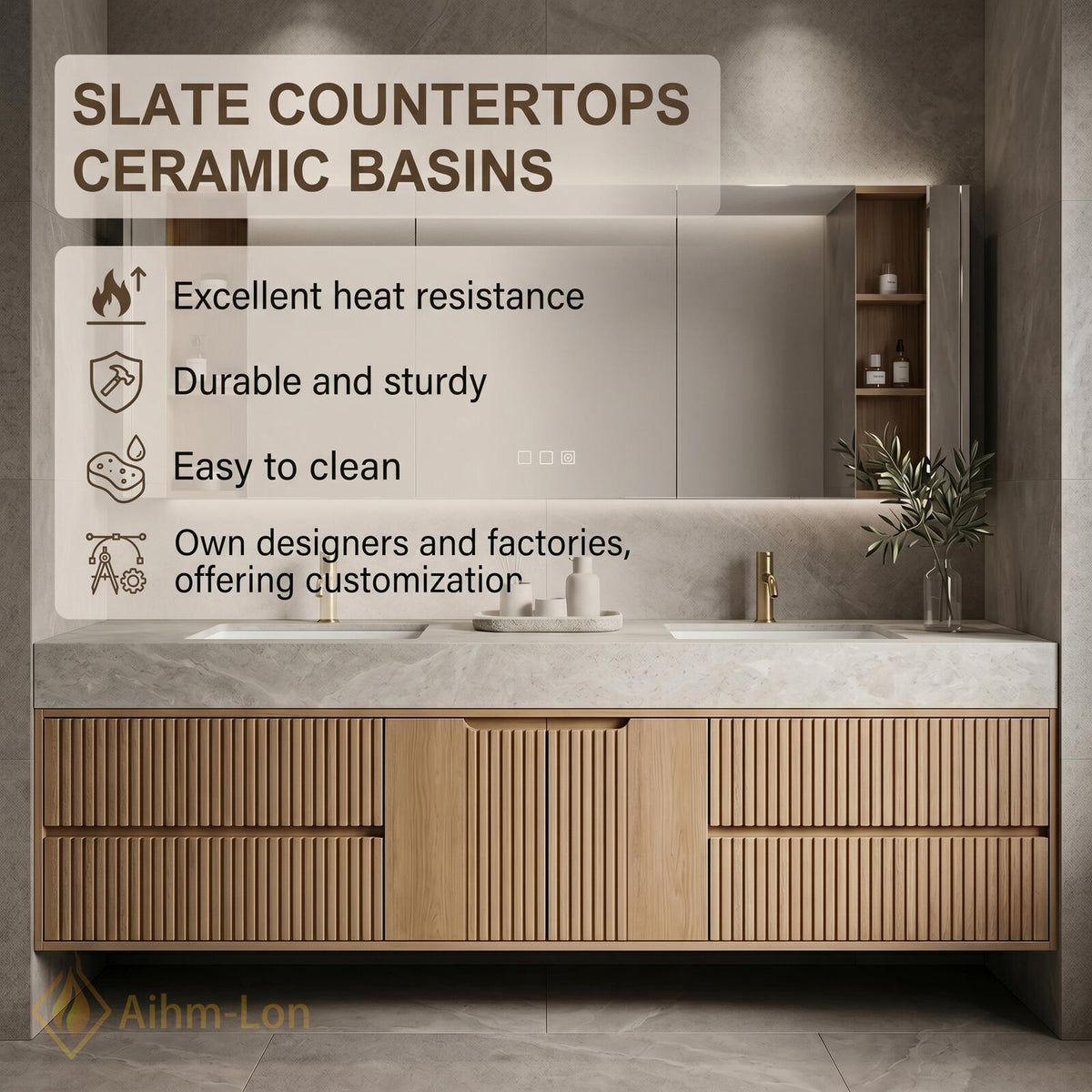 60''-96'' Double Bathroom Vanity with Sink Floating Wood Finish Fluted Panel Doors