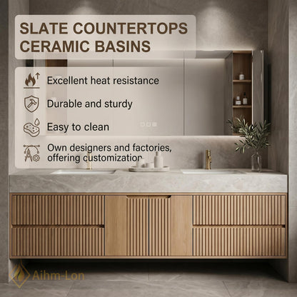 60''-96'' Double Bathroom Vanity with Sink Floating Wood Finish Fluted Panel Doors
