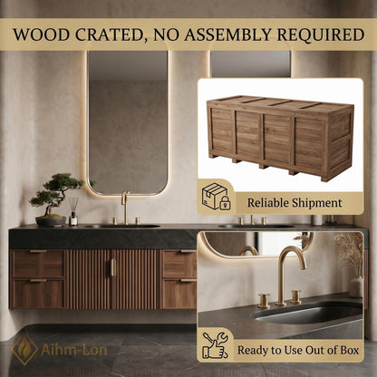 76''-96'' Double Bathroom Vanity with Sink Dark-Wood Modern Floating Stone-Top