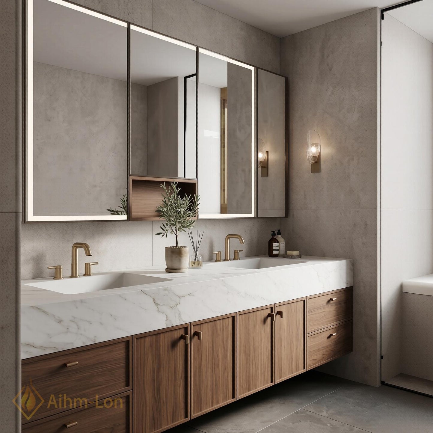 76''-96'' Double Bathroom Vanity with Sink Natural Wood Grain Center Open Shelving