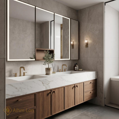 76''-96'' Double Bathroom Vanity with Sink Natural Wood Grain Center Open Shelving