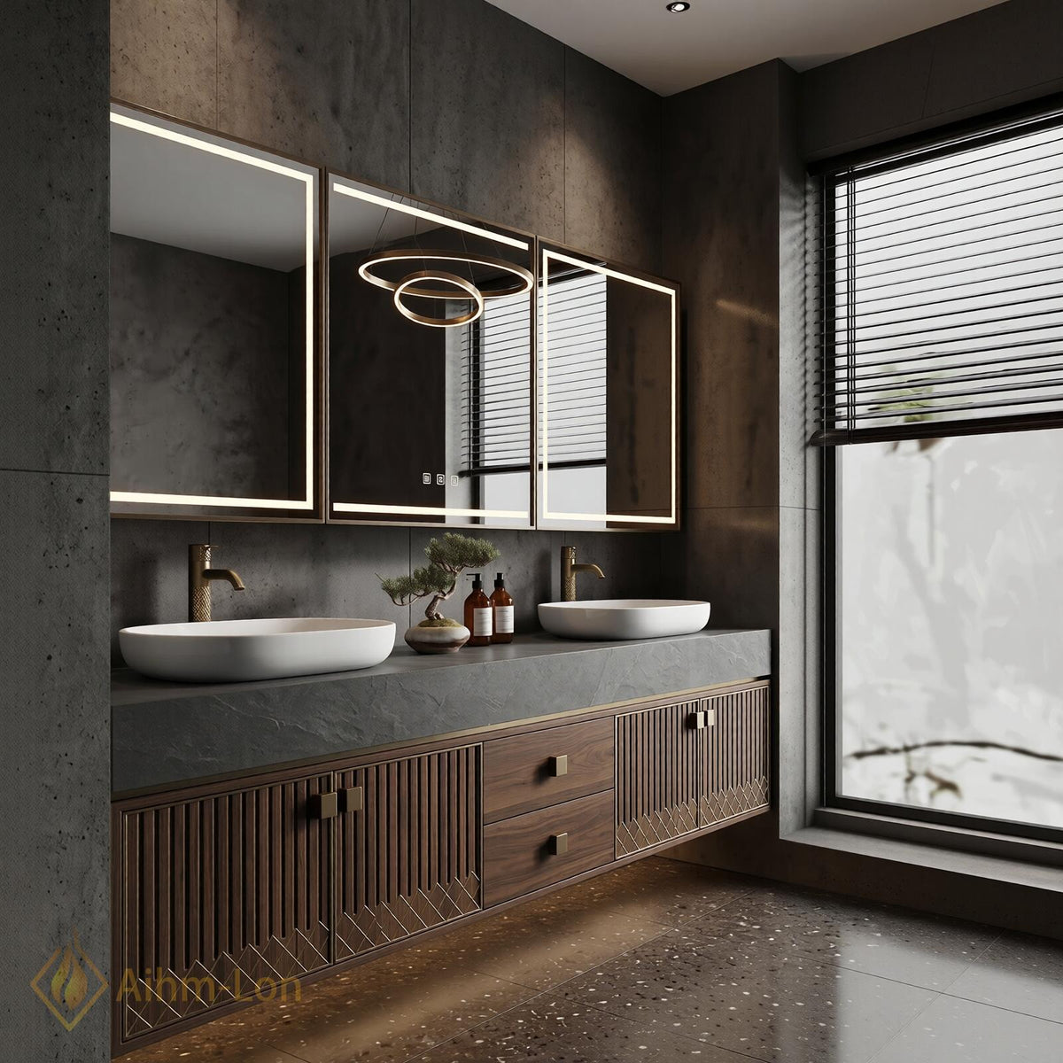 60''-96'' Double Bathroom Vanity with Sink Dark Walnut Slatted Center Panel Floating