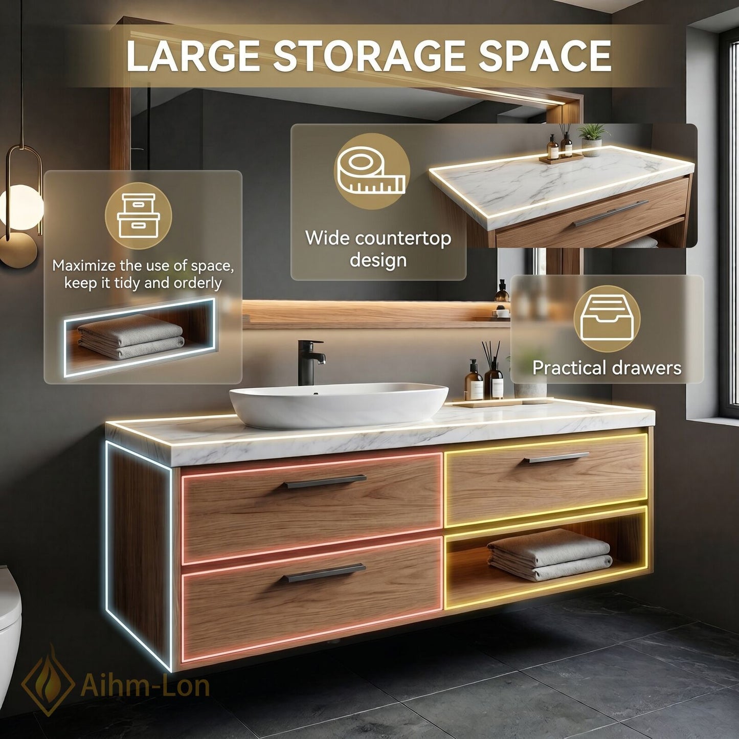 36''-64'' Modern Bathroom Vanity with Sink Floating Wood Grain Marble Illuminated Drawers