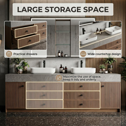 70''-96'' Elegant Bathroom Vanity with Sink Double Sink Slatted Wood Mirror Cabinet