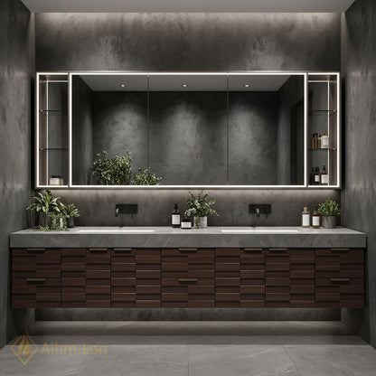 60''-96'' Double Bathroom Vanity with Sink Modern Floating Dark Slatted Walnut Finish