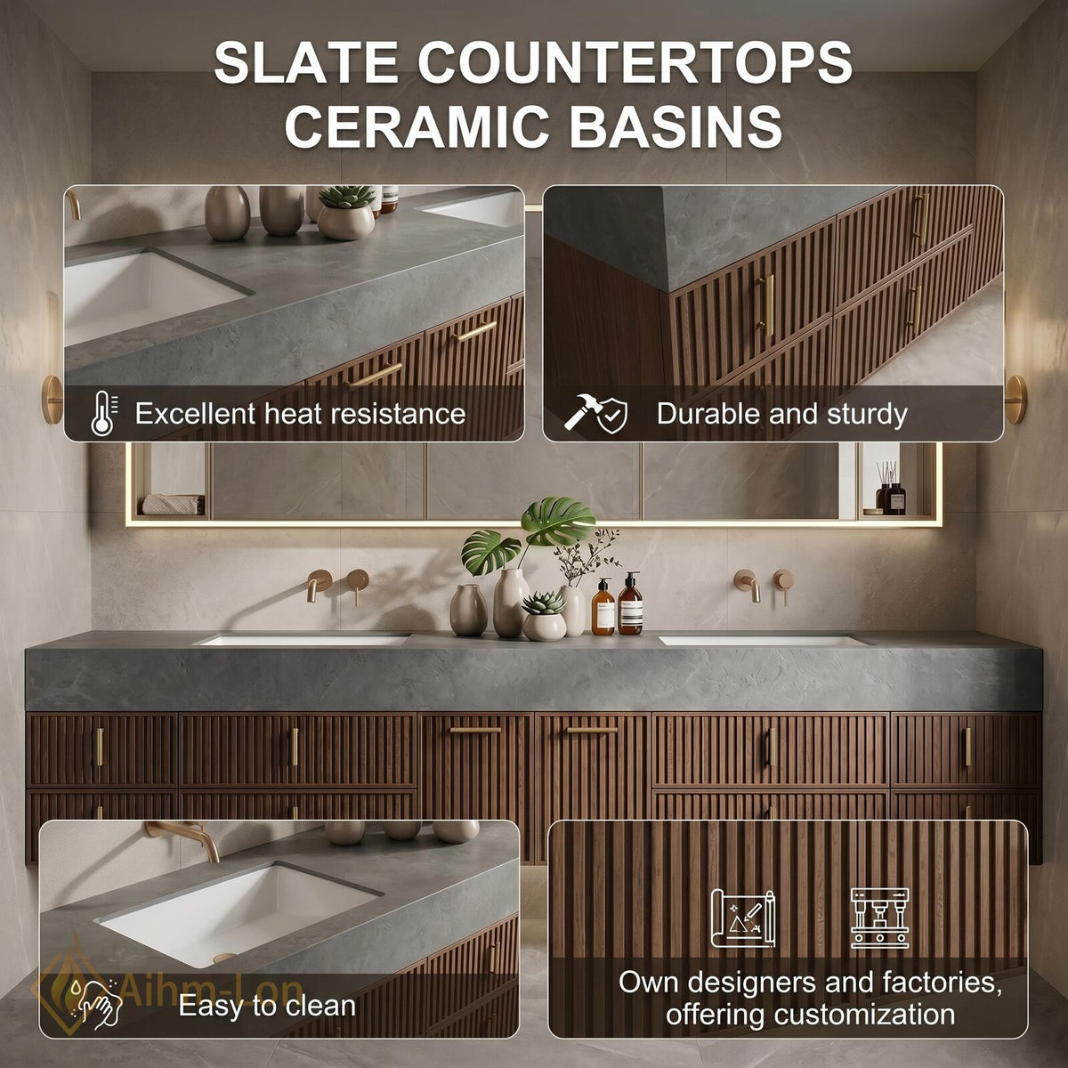 60''-96'' Double Bathroom Vanity with Sink Modern Floating Slatted Wood Panels Dark