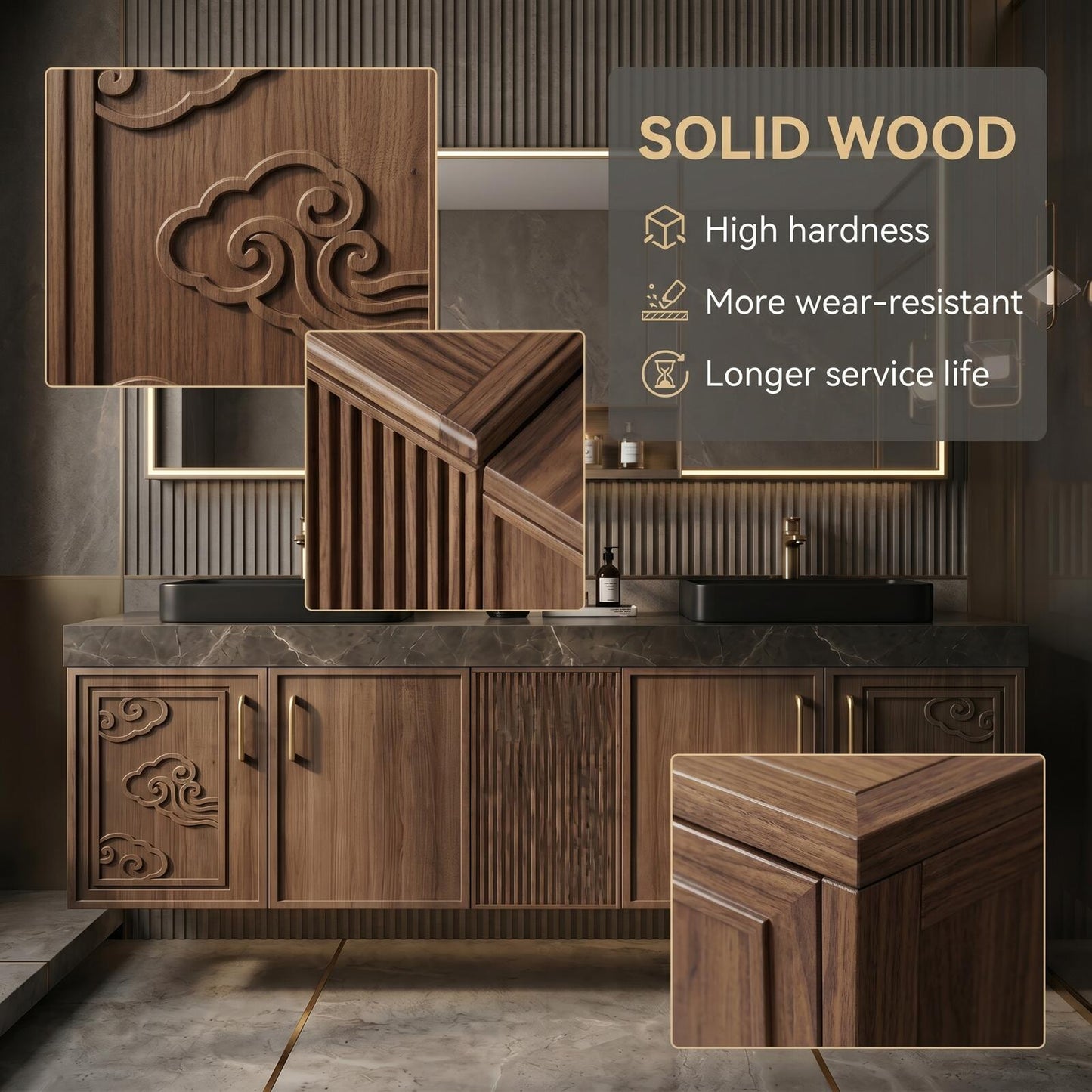 60''-96'' Modern Bathroom Vanity with Sink Double Sink Carved Cloud Oak Wood Grain Cabinet