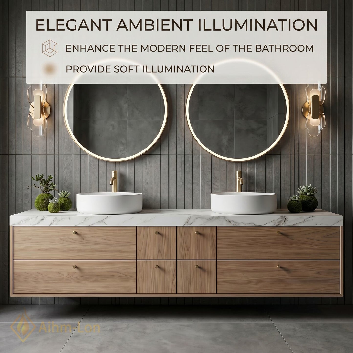 60''-96'' Double Bathroom Vanity with Sink Floating Wood-Grain Basin Frame Marble Pattern