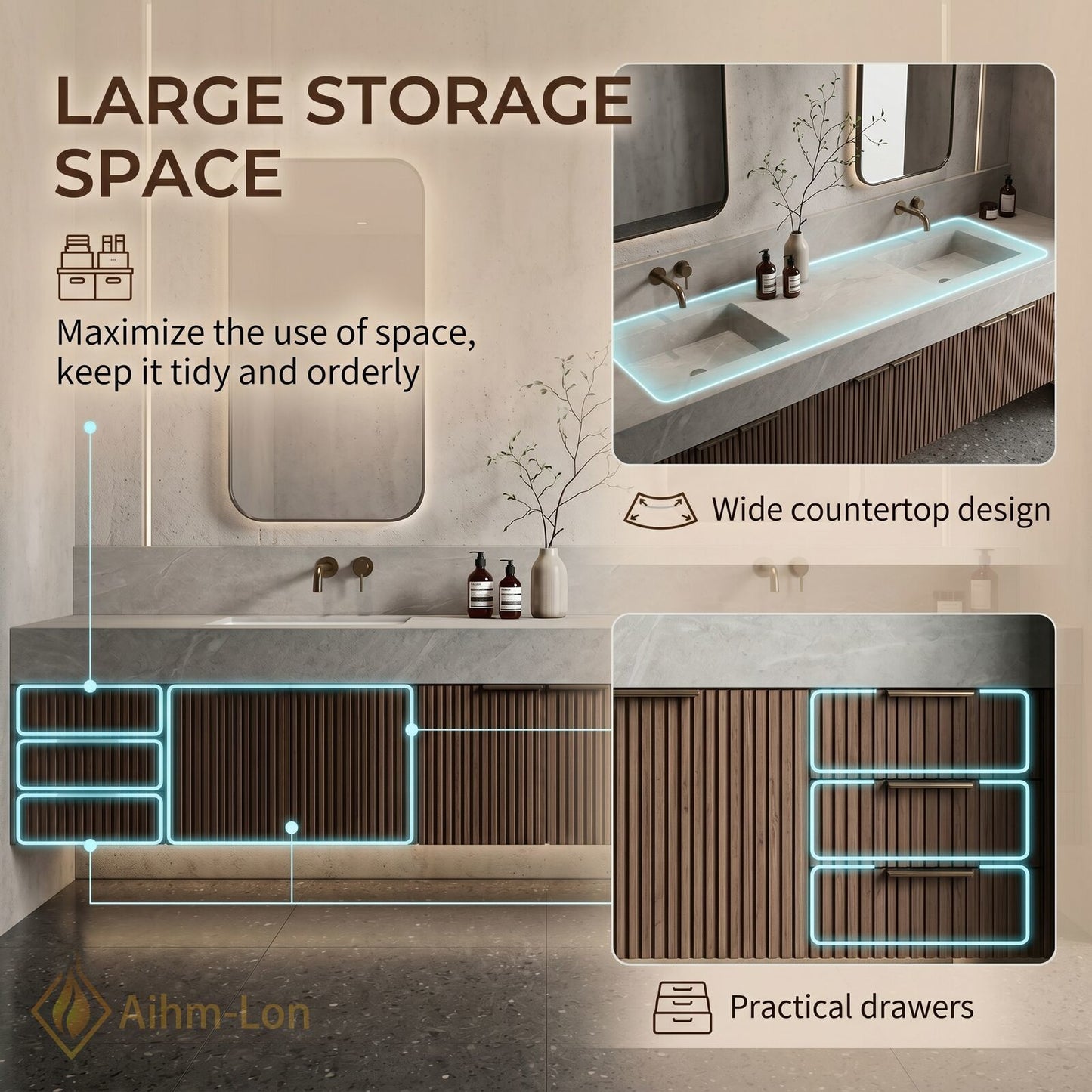70''-96'' Double Bathroom Vanity with Sink Wall-Mounted Wall-Mount Modern Slatted Vanities Vertical