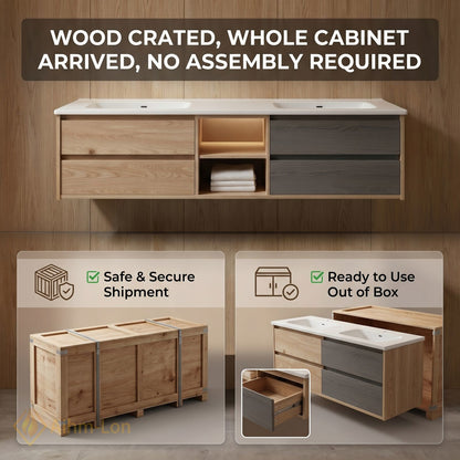 60''-96'' Floating Bathroom Vanity with Sink Wooden Drawer Dual-Tone Cabinet Mirror Storage