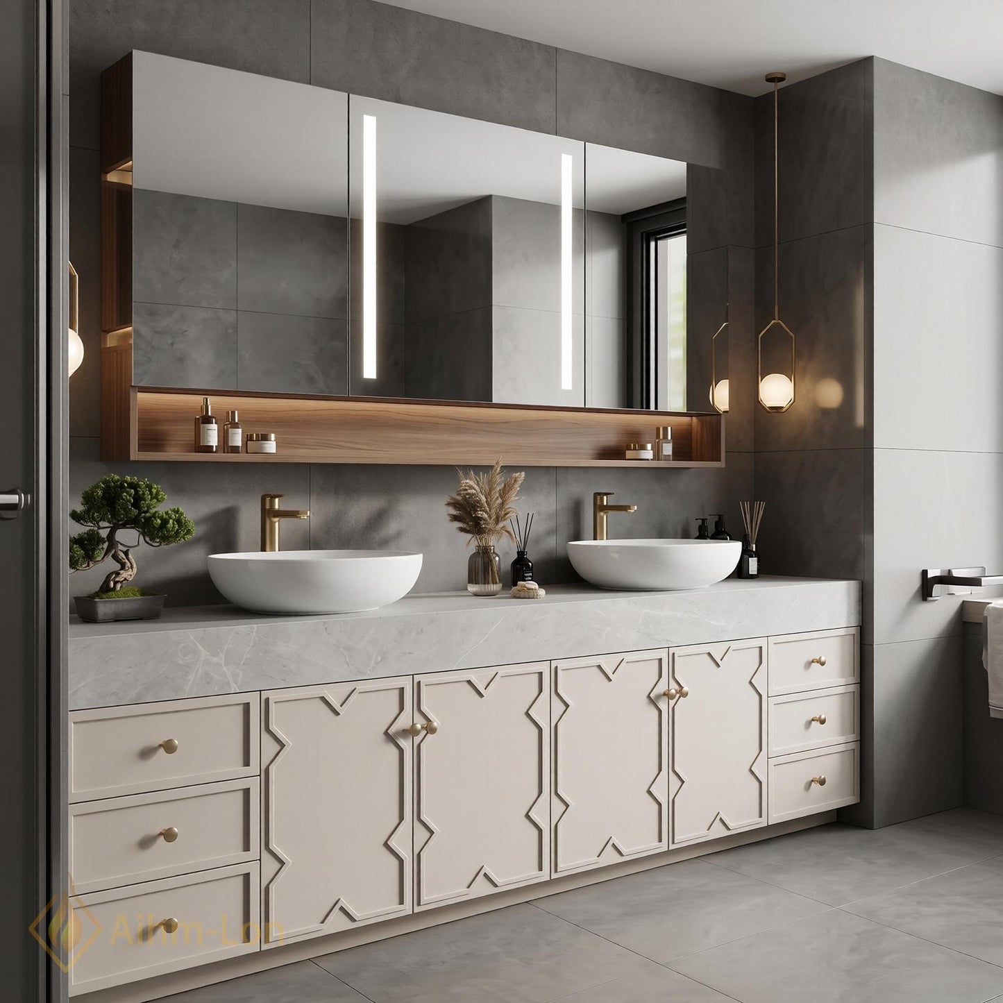 72''-96'' Double Bathroom Vanity with Sink Modern Floating Doors Stone Surface Open