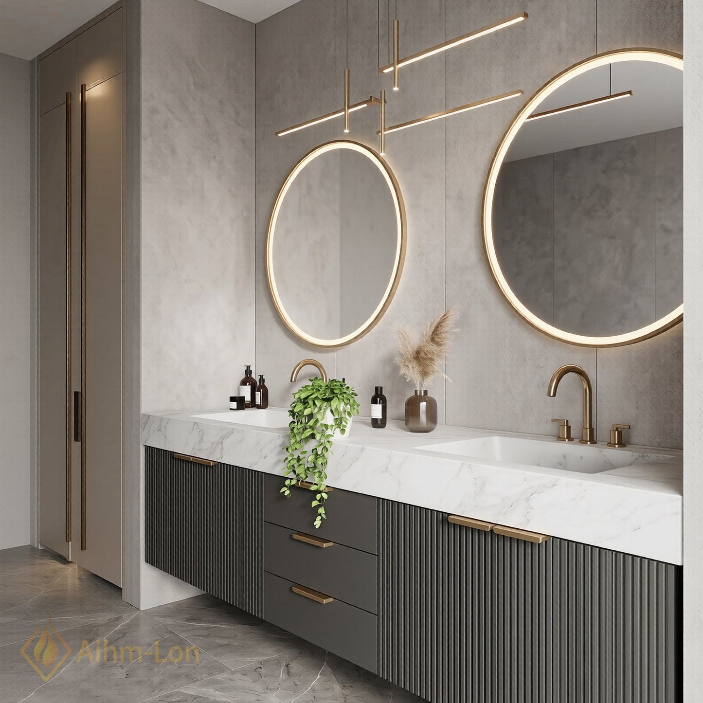 60''-96'' Double Bathroom Vanity with Sink Vertical Grooved Panel White Marble-Look Top