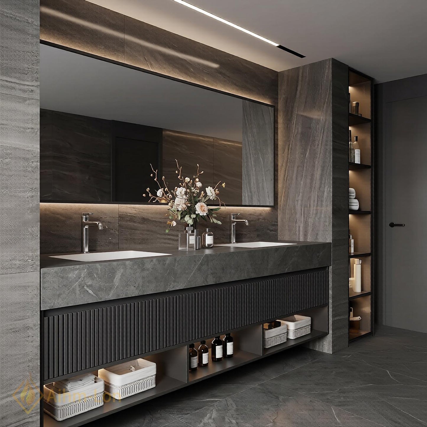 60''-96'' Double Bathroom Vanity with Sink Dark Modern Floating Stone Slatted Open