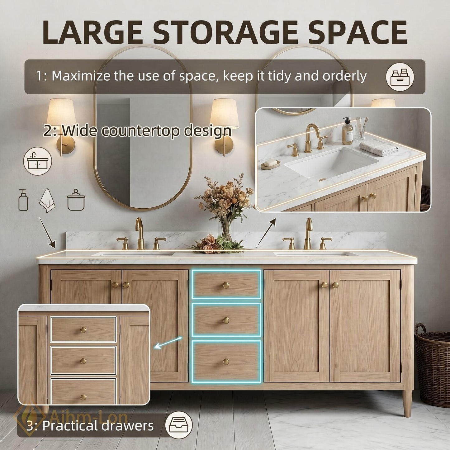 60''-96'' Spacious Bathroom Vanity with Sink Double Sink Natural Oak Marble Top