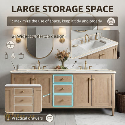 60''-96'' Spacious Bathroom Vanity with Sink Double Sink Natural Oak Marble Top