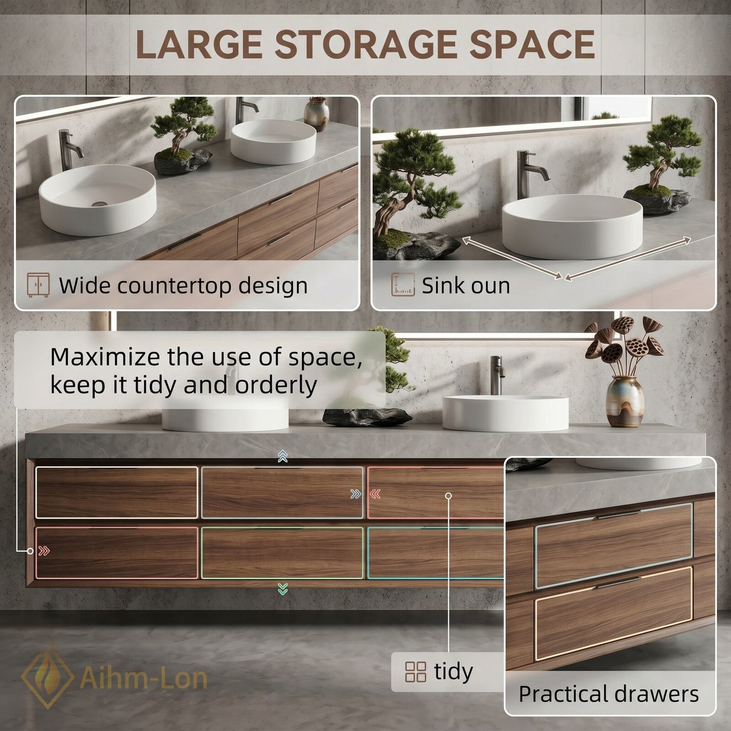 70''-96'' Double Bathroom Vanity with Sink Modern Wood-Grain Vanities Large Marble Texture