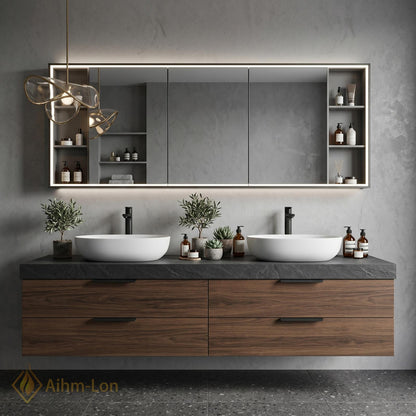 60''-96'' Double Bathroom Vanity with Sink Dark-Walnut Modern Floating Drawers Open