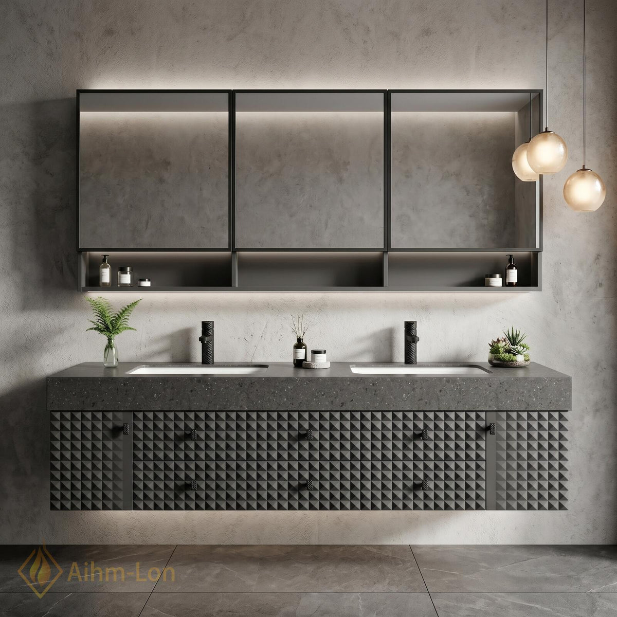 60''-96'' Double Bathroom Vanity with Sink Modern Floating Geometric Facade Dark Stone