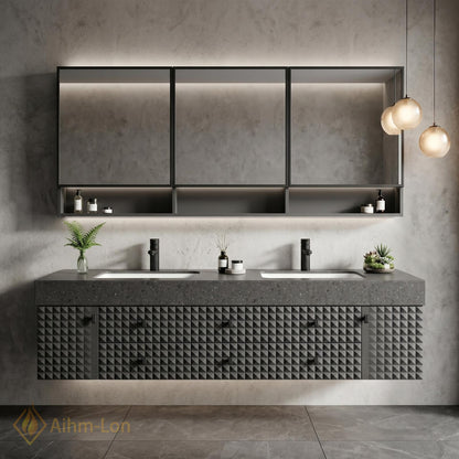 60''-96'' Double Bathroom Vanity with Sink Modern Floating Geometric Facade Dark Stone